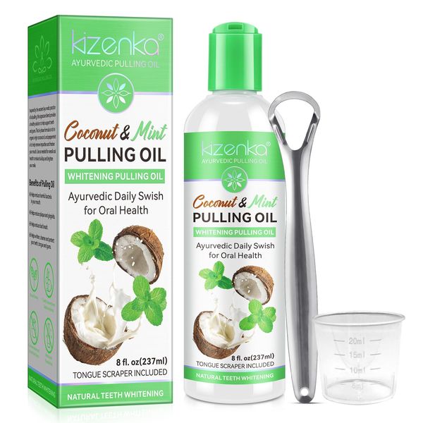 Pulling Oil with Coconut & Peppermint Oil-Natural Teeth Whitening and Fresh Bad Breath, Organic Essential Oils Mouthwash with Tongue Scraper Alcohol-Free, Treatment for Gums-8 Fl.Oz