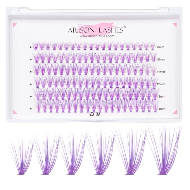 Falsche Wimpern Einzeln für Wimpernverlängerung Mischen Fischschwanz Individual Lashes, DIY Einzelne Cluster Wimpern(D-Purple-8-14Mix)