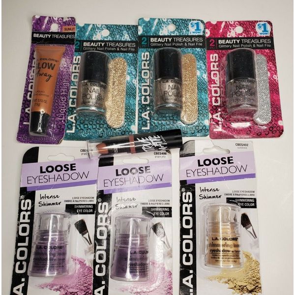 Lot of 8 L.A. Colors Loose Eyeshadow, Glitter Nail Polish, Broadway Lipstick NEW