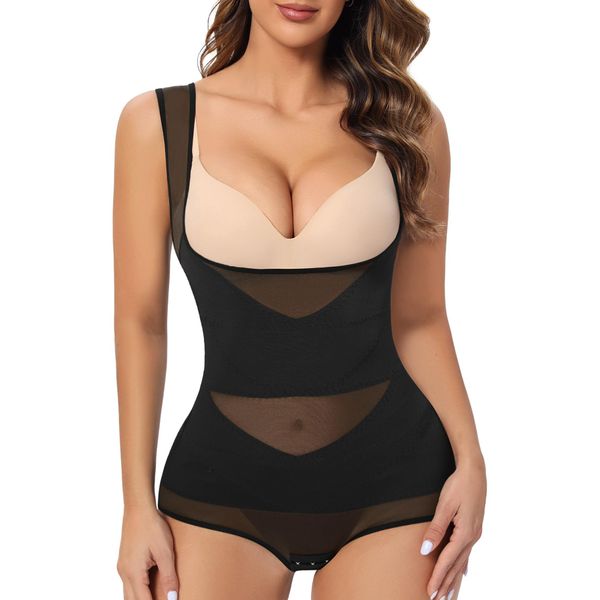 RITOSTA Shapewear Damen Bauchweg Body Shaper Miederbody Stark Formend Bodysuit Korsett Taillenformer Shape Body Formbody Atmungsaktiv Figurformender mit Haken (Schwarz,L)