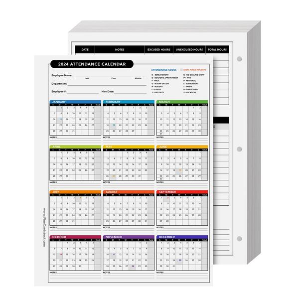 2024 Attendance Calendar Card Stock Paper – Great Employee Work Tracker | Bright & Colorful, Printed on Durable & Thick 80lb Cover (216gsm) Cardstock | 3 Hole Punched | 8.5 x 11" | 25 Sheets per Pack