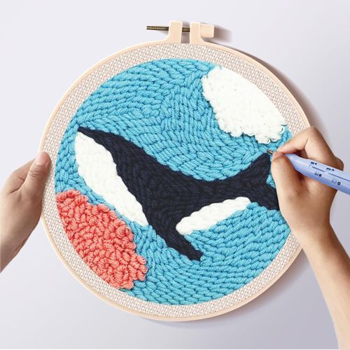 Perycomly Punch Needle Kit for Adults Beginner, Whale Complete DIY Punch Needle Embroidery Kit with Hoop, Yarn, Needle Tool & Stamped Fabric, Great for Wall Decor, Gift - 20x20 cm
