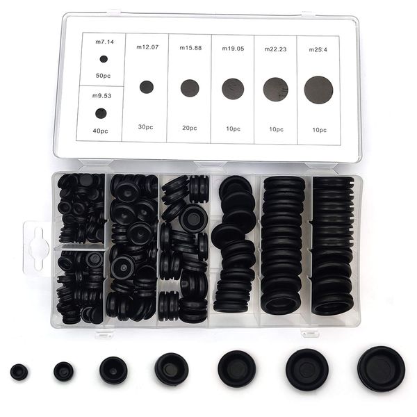 170 Pcs Rubber Grommets Kit, 7 Sizes Black Rubber Electrical Wire Cable Hole Plugs Gaskets Grommets Assortment, Conductor Gasket Ring Grommets for Car, Plumbing, Cables Plugs, Wiring Grommets