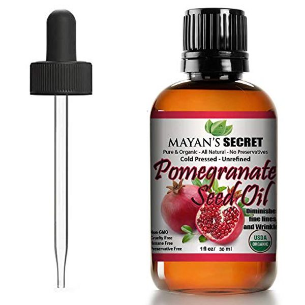 Mayan's Secret USDA Certified Organic Pomegranate Seed Oil for Skin Repair -Glass Bottle Cold Pressed and Pure Rejuvenating Oil for Skin, Hair and Nails