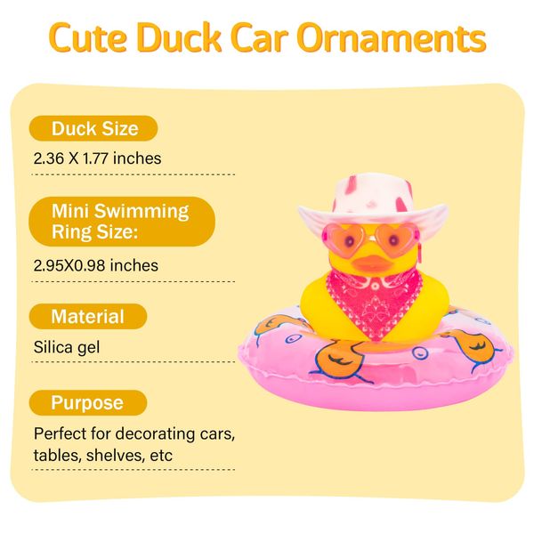 wonuu 2PCS Car Rubber Duck Decoration, West Cowboy Duck Car Dashboard Decoration Accessories with Mini Swim Ring Cowboy Hat Scarf and Sunglasses(C_Pink galsses&White hat)