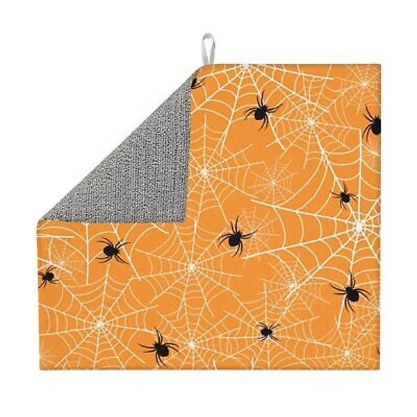 Halloween Spider Black White Spiderweb Orange Pattern Dish Drying Mat for Kit...