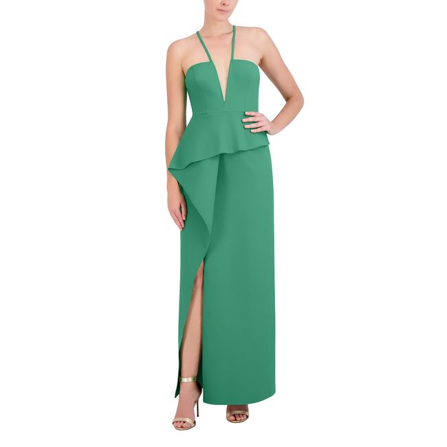 BCBGMAXAZRIA Women's V Neck Off The Shoulder Maxi Peplum Gown, Malachite, 2