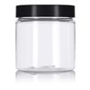 JUVITUS 8 oz Clear PET Plastic Refillable Jar with Black Smooth Lid (6 pack)