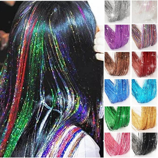 BARSDAR Hair Tinsel, Color Extensions, Straight, Hair Ornament, Colorful, Shiny, Wig, Tinsel, Stylish, For Halloween, Festivals, Cosplay, Parties, Stage Use, Set of 4, Clip On (Champagne)