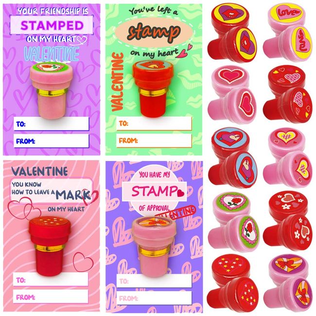 Valentines Day Gifts Cards with Valentine Stampers Toy, 20 Pack Valentine's Greeting Cards for Kids, Valentine School Classroom Prize Party Favor Toys, Valentines Gift Exchange