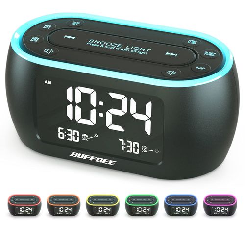 Buffbee Radio Alarm Clock with 7-Colour Night Light, Dual Alarm, Snooze, Dimmer, USB Charger & Nap Timer, Digital Alarm Clock with FM Radio and Auto-Off Timer, Mains Powered with Battery Backup