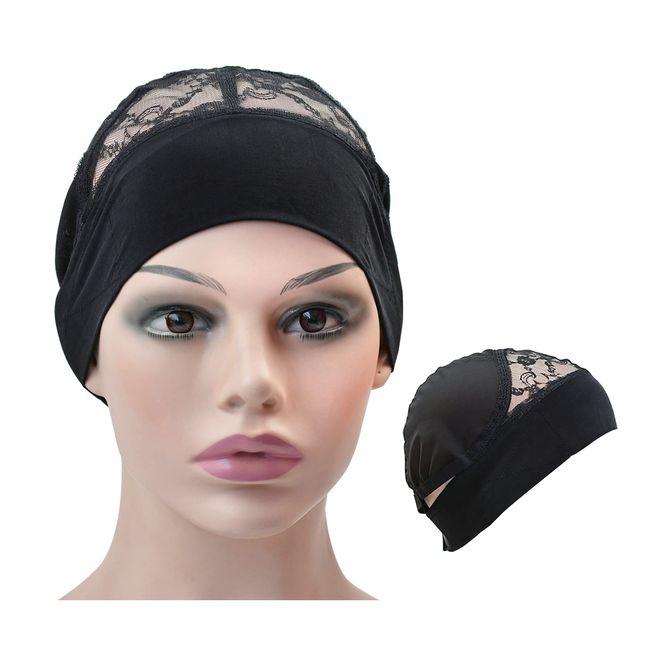 Headband Wig Cap Lace Mesh Wig Caps Wig Grip Cap with Adjustable Elastic Band for Making Wigs (Black)