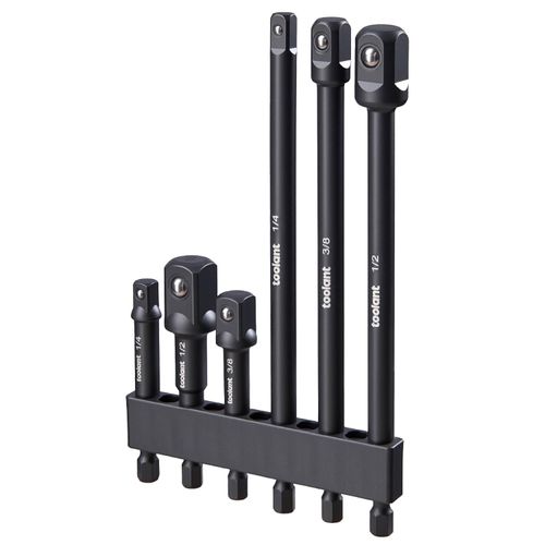 toolant Impact Grade Socket Adapter Set, 6 pcs, 1/4", 3/8", 1/2" Drive, with 2-3/5", 2-7/8", 6" Extension Bars, Hex Shank Drill Bit Adapter for Power Drill & Impact Driver