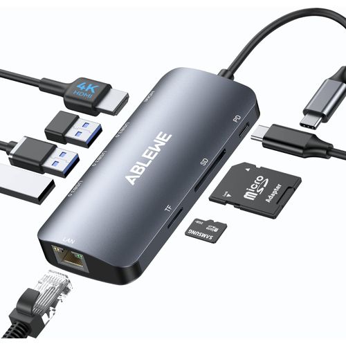 ABLEWE USB C Hub Ethernet, 8 in 1 Multiport USB C to HDMI Adapter 4K@60Hz,1000Mbps, 100W PD, SD/TF Card Reader, 3 USB 3.0 Ports, Docking Station Compatible for MacBook, Tablet, Phone, Type C Devices