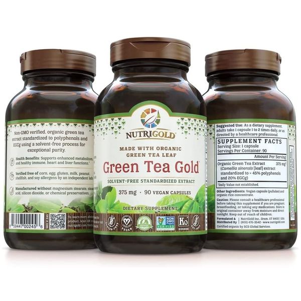 Nutrigold Green Tea Gold 375mg Gluten Free Vegan Capsules, 90 Bars, 1 Pack, 90 Tablets