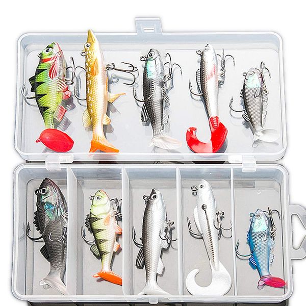 DONQL 10 Pieces Soft Fishing Lures with Box, Lifelike T-Tail Perch Lures Up to 30M Casting Distance Trout Fishing Lures for Freshwater and Saltwater Fishing Lures with Sharp Treble Hooks