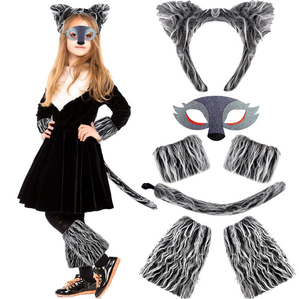 KMLGY 7PCS Wolf Ears and Tail Gloves Costume Set Wolf Ears Headband Mask Paw Gloves Leg Warmers Tails Fancy Dress Accessories for Kids Adults World Book Day Cosplay Birthday Party Dress Up