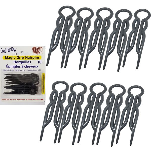 Good Hair Days Hair Pins - Plastic, U-shaped Magic Grip Hairpins, Strong Durable Pins For Fine, Thick & Long Hair, Hair Styling Accessories, Set of 10 (Black)