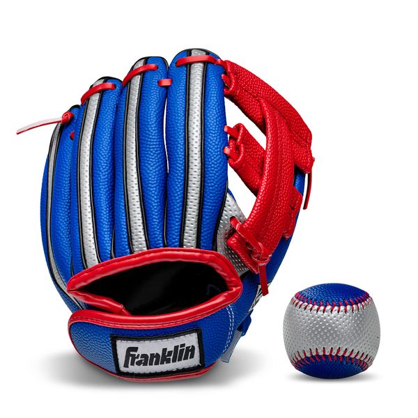 Franklin Sports Kids Baseball Glove + Ball Set - Air Tech Youth Teeball Glove - Boys + Girls Children's Glove + Ball - Right Hand Throw - Blue, Red and Silver, 9"