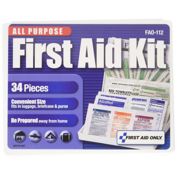 First Aid Only 112 All-Purpose First Aid Kit, 34 Pieces, 3 3/4 x 4 3/4 x 1/2, Blue/White