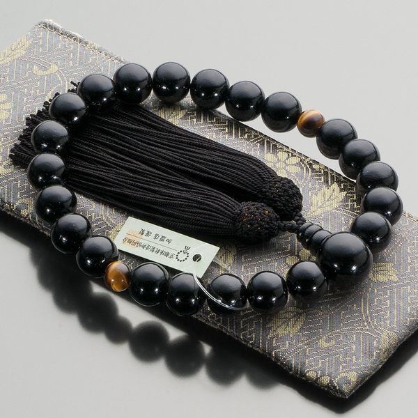 Butsudanya Takita Shoten Prayer Beads, Men's, Ebony (Glossy), 2 Tiers, Tiger Eye Stones, 22 Balls, Pure Silk Basso, Comes with a Bag of Prayer Beads, Can Be Used in All Sects, Kyoto Prayer Beads