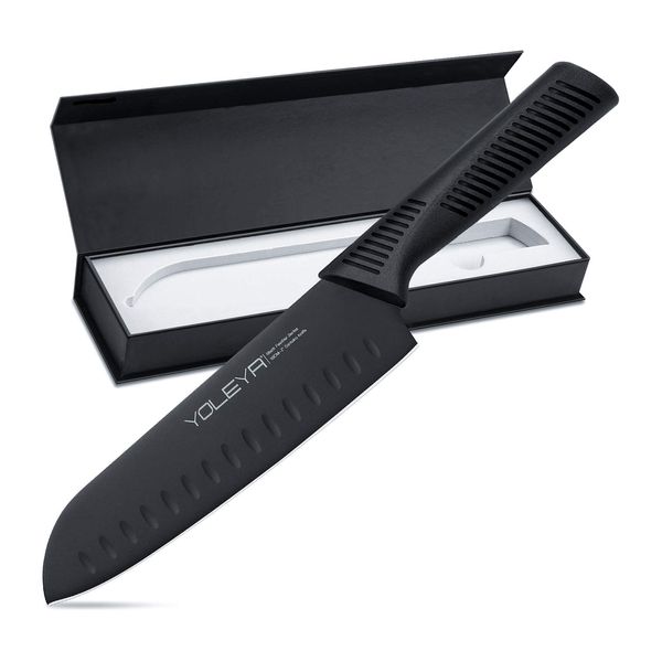 YOLEYA Santoku Knife Kitchen Knife Black Blade Utility Knife 7.0 inches (178 mm) Steel Used for Home Use, BO Oxidation Technology, Non-Slip Ergonomic Handle, Vegetable Chopping, Chopping, Fish Cutting