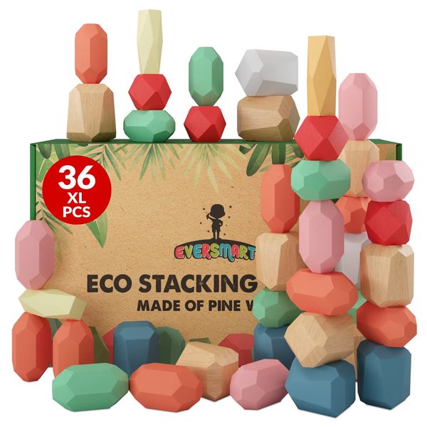 EVERSMART 36 Pcs Wooden Stacking Blocks – Montessori Toys for 1 2 3 4 5 6 Year Old Toddlers and Kids, XL Rocks, No Choking Hazard – Sensory STEM Building Stones, Girl or Boy Birthday Gifts