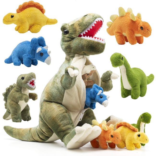 PREXTEX 15" Triceratops Dinosaur Stuffed Animal Set with 4 Dino Plush Toys Inside, Large Zippered Pouch Dinosaur for Boys & Girls, Stuffed Animals Dinosaur Toys for Kids 3-5, Colorful Dinosaur Plush