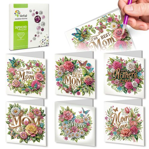 DIYDeligths 6Pcs DIY Foldable Diamond Art Painting Greeting Cards, Creative Birthday Festivals Handmade Thank You Card Set Blessing Greeting Card Craft Gift Idea (Mother's Day)
