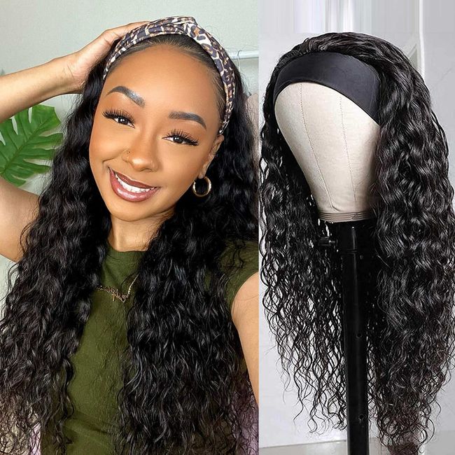 Aksice Curly Headband Wig for Black Women, Water Wave Headband Wigs with Headbands Attached, Glueless Black Half Wig 150% Density for Daily Use (26 Inch)