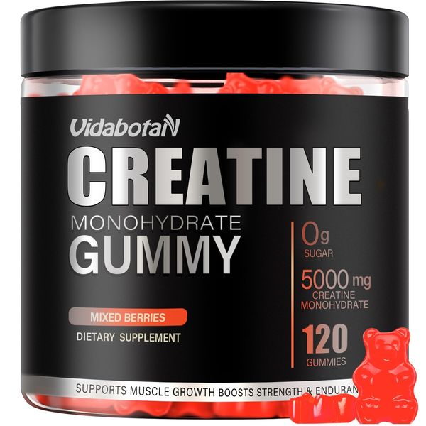 Sugar Free Creatine Monohydrate Gummies 5000mg for Men & Women- Chewables Creatine Monohydrate with L-Taurine, B6, B12 for Muscle Growth and Strength, Vegan, Natural Mixed Berry Flavor, 120 Count