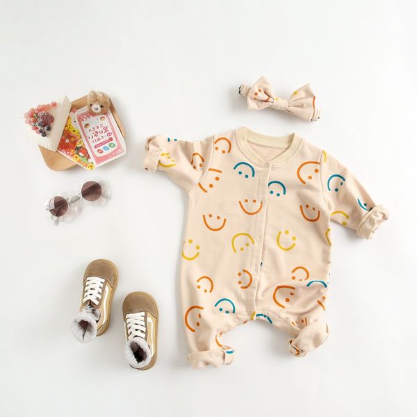 Baby Girl Smiley Print Pattern Single Breasted Design Long-Sleeve Rompers With Covered Buttton - 66 (3-6M) / Beige