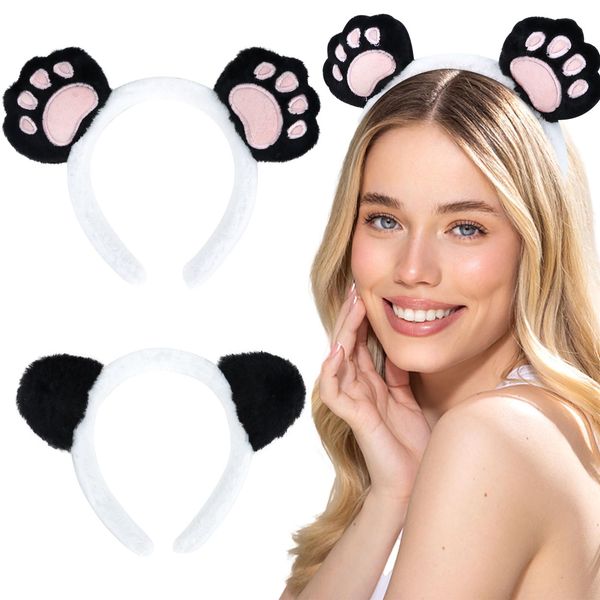 CURASA 2pcs Cute Headbands for Women Girls Panda Headband for Washing Face Animal Ears Headband for Kids Bear Hairbands for Women's Hair Kawaii Plush Headband Spa Head Band Hair Accessories