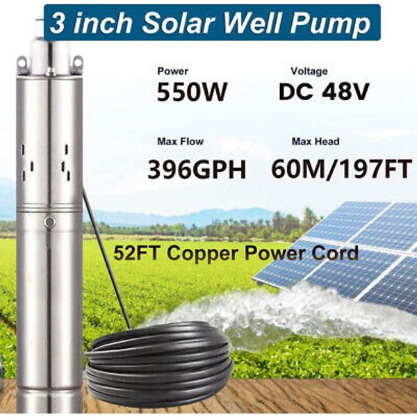 DC 3'' Solar Deep Well Pump Water Pump 396GPH Stainless Steel Submersible 48V