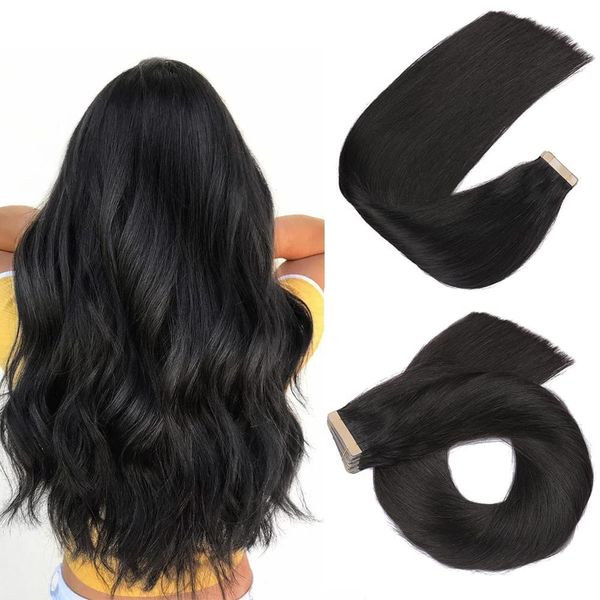 HotLulana Tape Extensions Echthaar 40stück 100g Haar Extension Natur Schwarz Remy 100% Natürliche Invisible Tape Extensions Echthaar 24zoll (60cm) Mittel und Lang Tape in Extensions Echthaar.