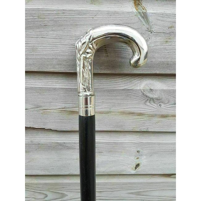 Solid Silver eva Adam Head Vintage BLACK Wooden Walking Stick Cane handmade Gift, 36 Inch