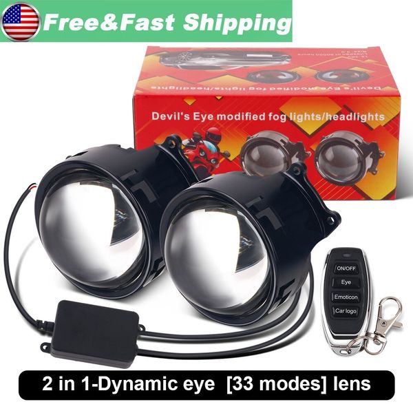 LED Dynamic Pupil Devil Eyes Remote Control Projector Lens Headlight 33 Modes 2X