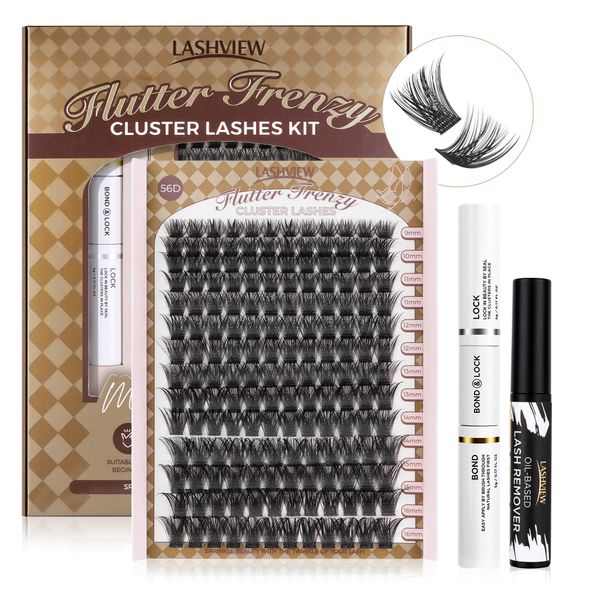 LASHVIEW 56D DIY Wimpernverlängerung Kit, Cluster Wimpernverlängerungen, individuelle Wimpern Kit, individuelle Wimpern mit Kleber und Pinzette
