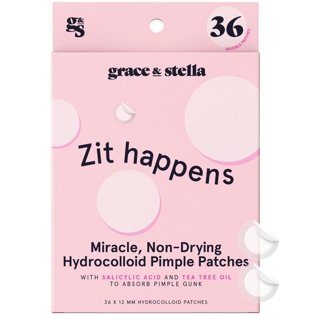 grace & stella Pimple Patches for Face (Round, 36 Count) - Hydrocolloid Acne Patches for Face - Vegan, Cruelty-Free Zit Patches for Face, Blemish Patches, Pimple Stickers, Zit Stickers