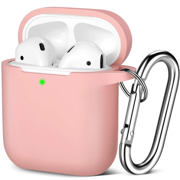 Maledan Compatible with Airpods Case 2 & 1, Silicone Shockproof Protective Case for Airpod Skin Cover, Waterproof [Front LED Visible] Support Wireless Charging with Carabiner, LightPink