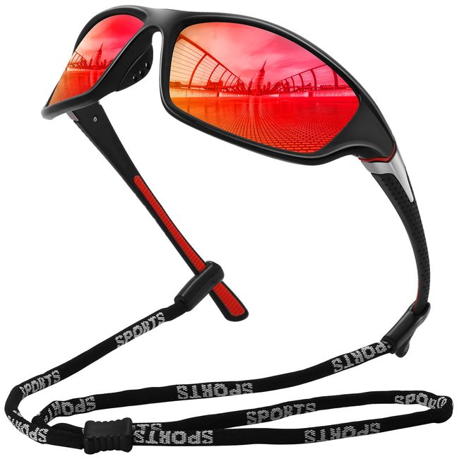 MEETSUN Polarisierte Sport-Sonnenbrille für Männer und Frauen, Fahren, Radfahren, Angeln, Sonnenbrille, 100% UV400-Schutz, schwarzer Rahmen, rote Spiegelgläser