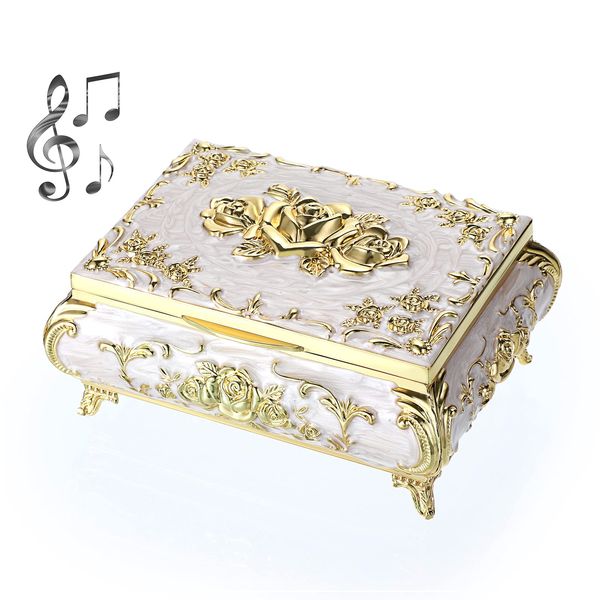 SUMNACON Metal Music Box Musical Jewelry Box Keepsake Box Case, Vintage Music Box Organizer Rose Embossed Musical Box for Christmas, Birthday, Valentines Day (Tune:You Are My Sunshine, Beige Gold)