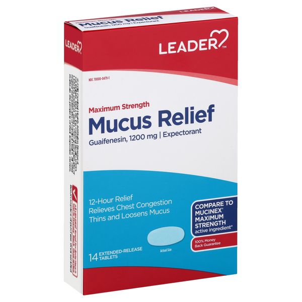 Leader Guaifenesin 1200mg Mucus Relief Tablets Maximum Strength 14 Count