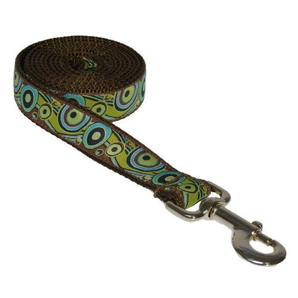 Large Green Circles and Waves Dog Leash: 1" Wide, 6ft Length - Made in USA.