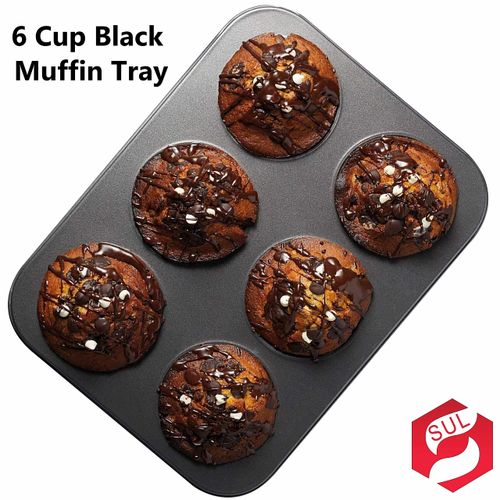 SUL Non Stick Muffin Trays Baking Moulds, Cupcake Tray for Yorkshire Pudding Tray, Cup Cakes, Muffin Tin Mince Pie Baking Tray Sweet Treats Dishwasher Safe (6 Cup Black Tray)