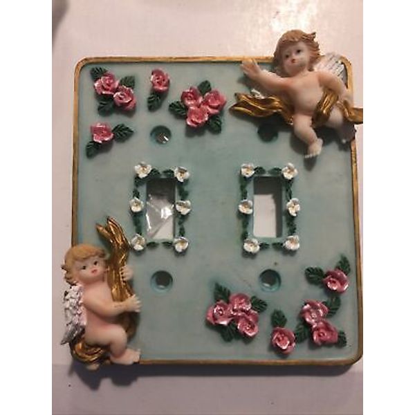 Double Light Switch Cover 3D Angels Vintage Pink Roses Mint Green Background New