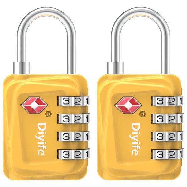 TSA Luggage Locks, [Updated Version] [2 Packs] Diyife 4-Digit Security Padlock, Resettable Zinc Alloy Combination Padlocks, Small Code Lock for Travel Suitcases Luggage Bag Case (Yellow)