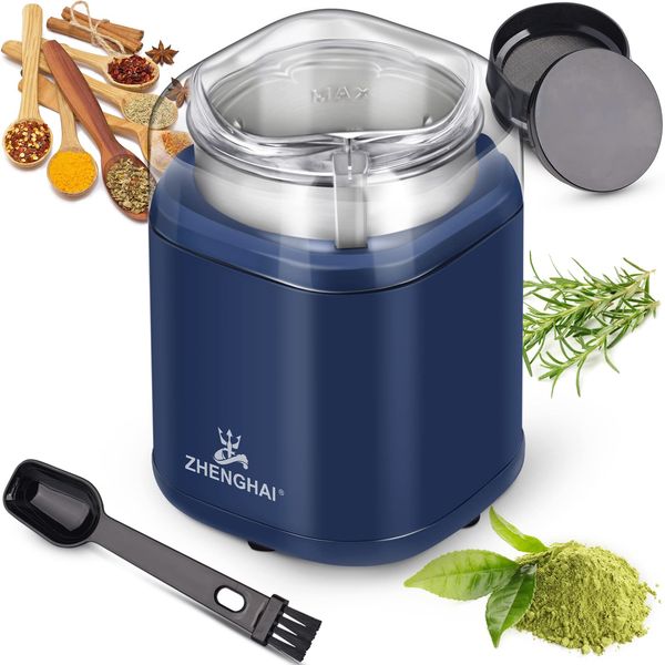 ZHENGHAI Electric Herb Grinder 200w Spice Grinder Compact Size, Easy On/Off, Fast Grinding for Flower Buds Dry Spices Herbs, with Pollen Catcher and Cleaning Brush 1.7oz Capacity (Blue)