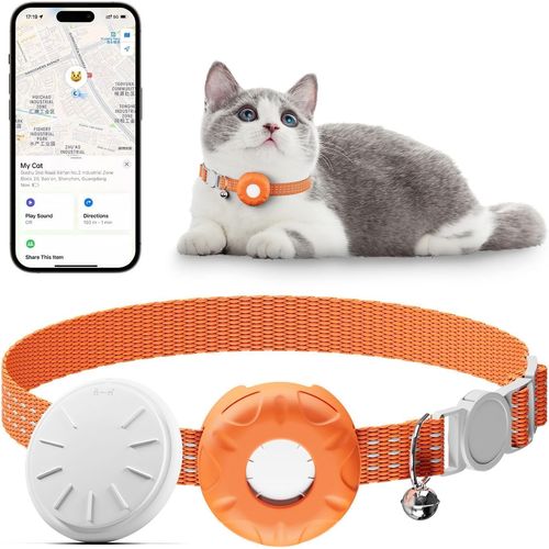 HONGTOP H Cat Tracker Collar,No Monthly Fee Tracking Pet Collar with Finder Tag,Compatible with Apple Find My(iOS Only),Breakaway Tractive Design with Reflective Pattern & Bell,Orange