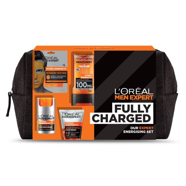 L'Oreal Men Expert Gift Set for Men, Hydra Energetic Fully Charged Washbag: Shower Gel, Moisturiser for Men, Sheet Face Mask and Face Wash